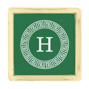 Forest Gr Wht Greek Key Rnd Frame Initial Monogram Gold Finish Lapel Pin