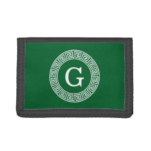 Forest Gr Wht Greek Key Rnd Frame Initial Monogram Tri-fold Wallet