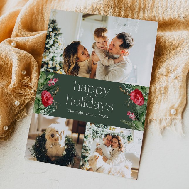 Forest Green 3 Photo Modern Typography Holiday Card (Creator Uploaded)