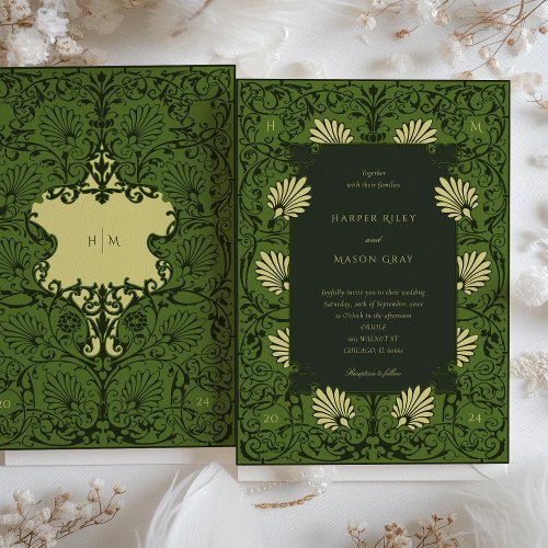 Forest Green and Antique Gold Baroque Wedding Invitation