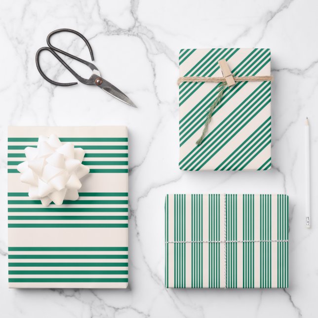 Forest green and beige five stripes pattern wrapping paper sheets (Front)