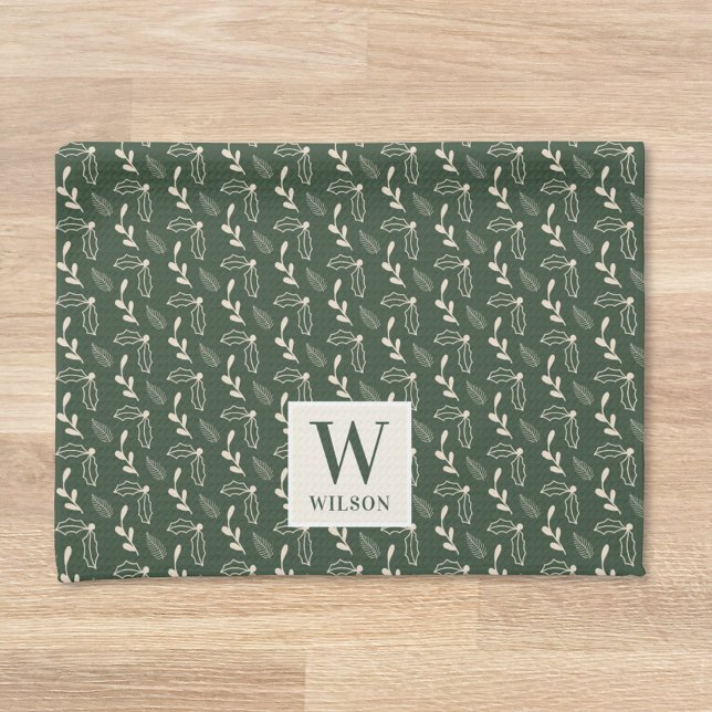 Forest Green and Beige Monogram Name Christmas Kitchen Towel (Creator Uploaded)