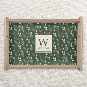 Forest Green and Beige Monogram Name Christmas Serving Tray