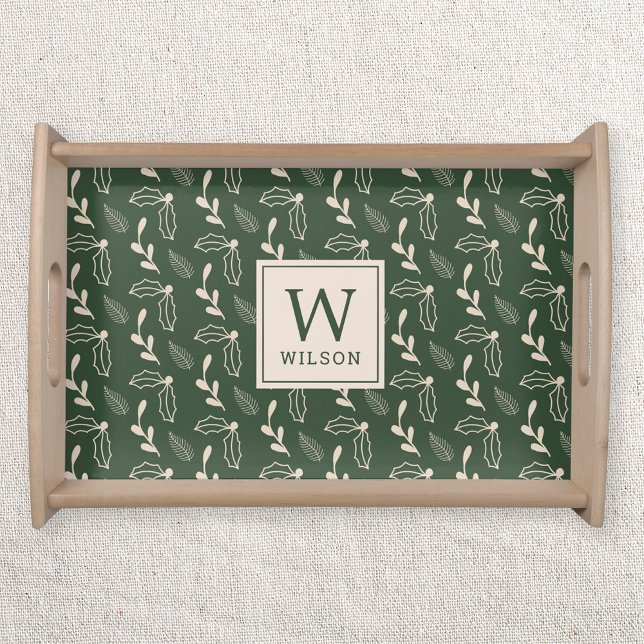 Forest Green and Beige Monogram Name Christmas Serving Tray (Creator Uploaded)