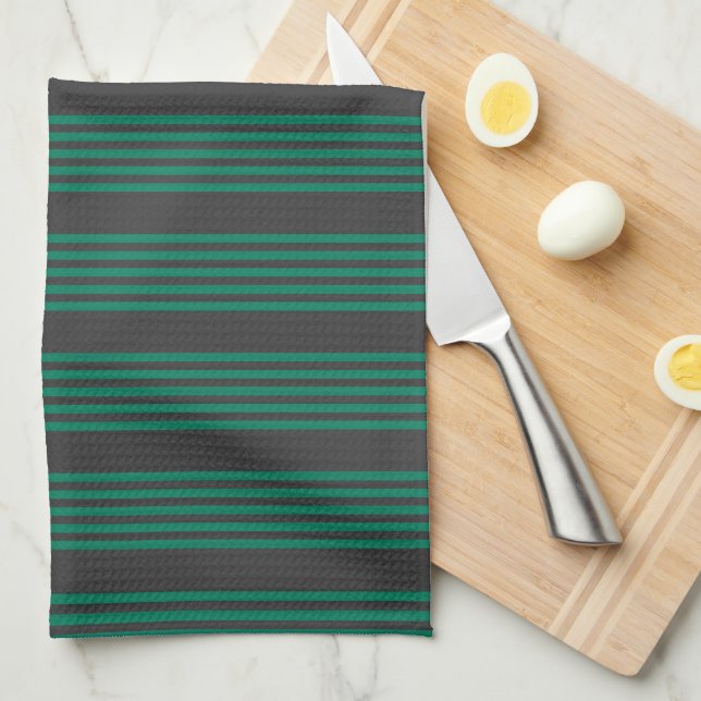 Forest green and charcoal fives stripe pattern kitchen towel (Quarter Fold)