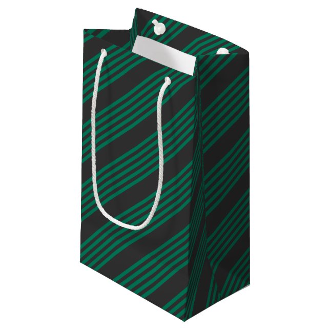 Forest green and charcoal fives stripe pattern small gift bag (Front Angled)