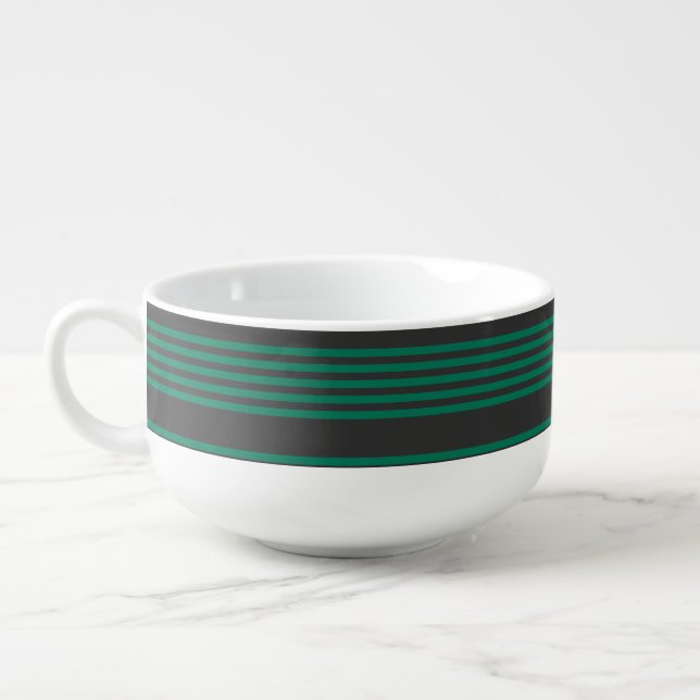 Forest green and charcoal fives stripe pattern soup mug (Right)