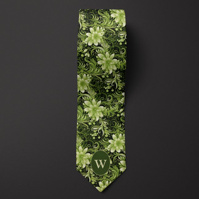 Forest Green and Cream Botanical Neck Tie (Creator Uploaded)