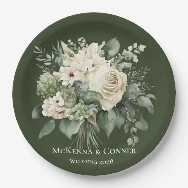 Forest Green and Cream Rose Wedding Paper Plates (Front)