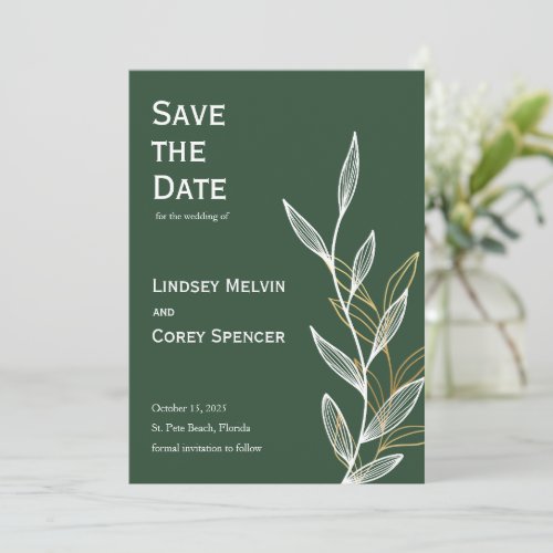 Forest Green and Gold Leaf Wedding Save the Date Invitation