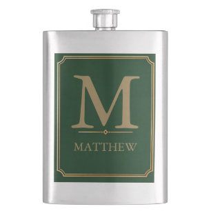 Forest Green and Gold Monogram Flask