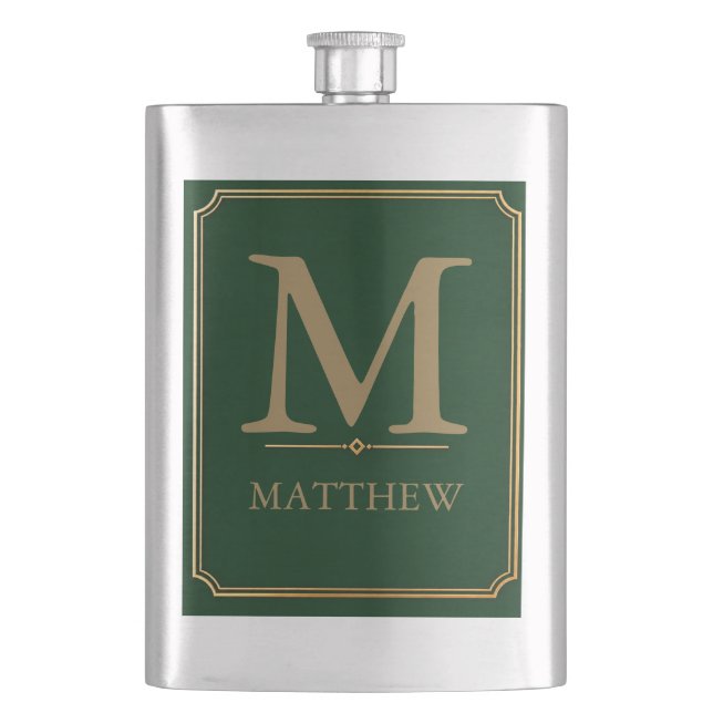 Forest Green and Gold Monogram Flask (Front)