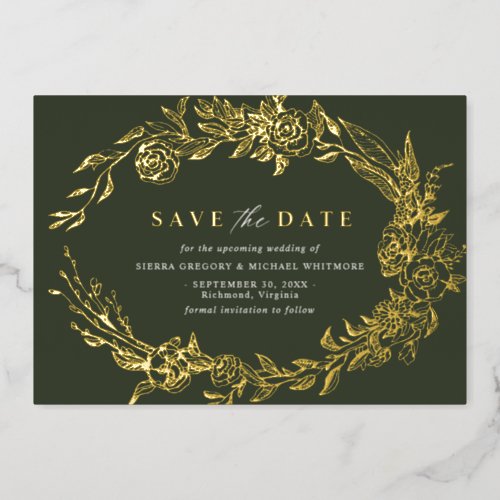 Forest Green and Gold  Moss Floral Save the Date Foil Invitation
