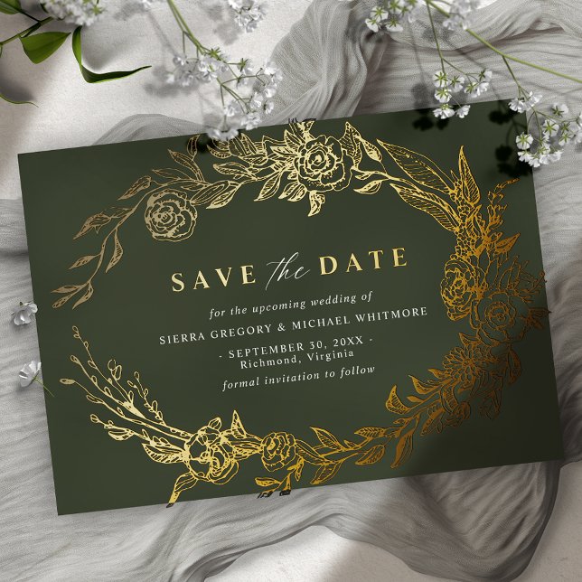 Forest Green and Gold | Moss Floral Save the Date Foil Invitation (Creator Uploaded)