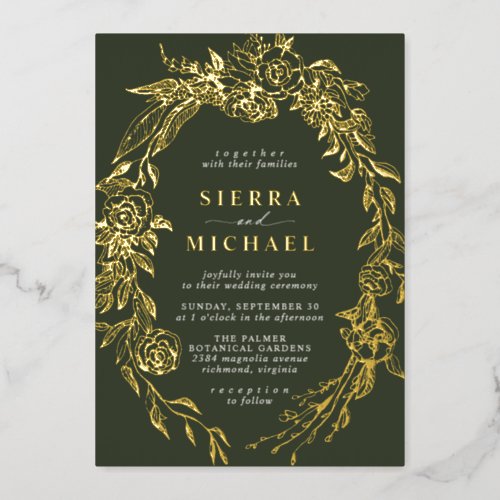 Forest Green and Gold  Moss Spring Garden Wedding Foil Invitation