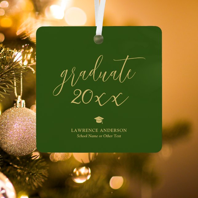 Forest Green and Gold Script 2025 Graduate Photo Metal Ornament (Creator Uploaded)