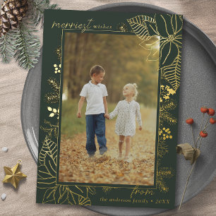 Forest Green and Gold Vertical Photo Christmas Foil Holiday Card