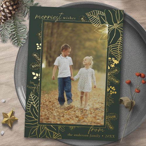 Forest Green and Gold  Vertical Photo Christmas Foil Holiday Card