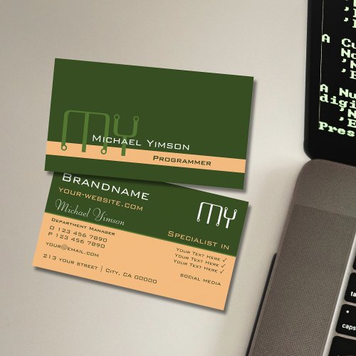 Forest Green and Peach with Initials Professional Business Card