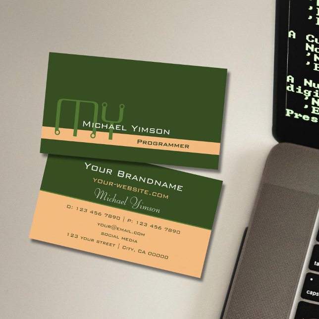 Forest Green and Peach with Monogram Professional Business Card (Creator Uploaded)