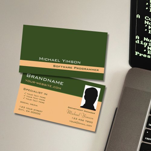 Forest Green and Peach with Photo Professional Business Card