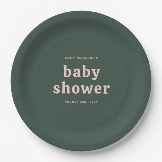 Forest Green and Pink Gender Neutral Baby Shower Paper Plates (Front)
