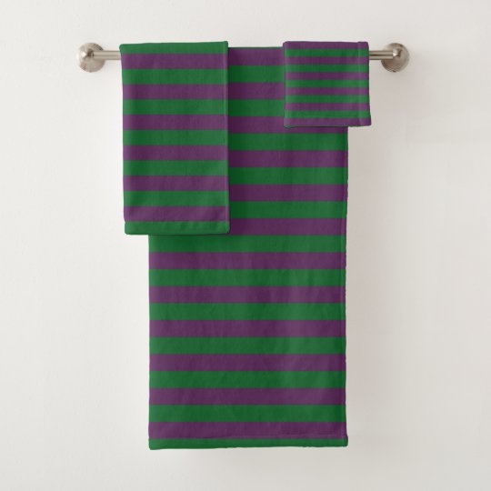 Forest Green and Purple Stripes Bath Towel Set