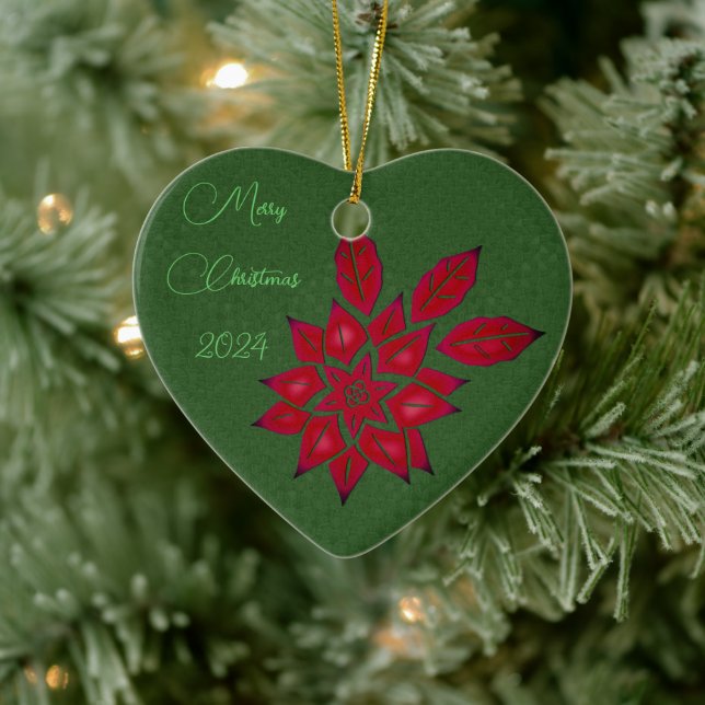Forest Green and Red Poinsettia Ceramic Ornament (Tree)