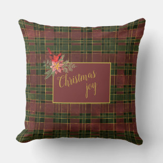 Forest Green and Red Wine Plaid Christmas Cardinal Throw Pillow