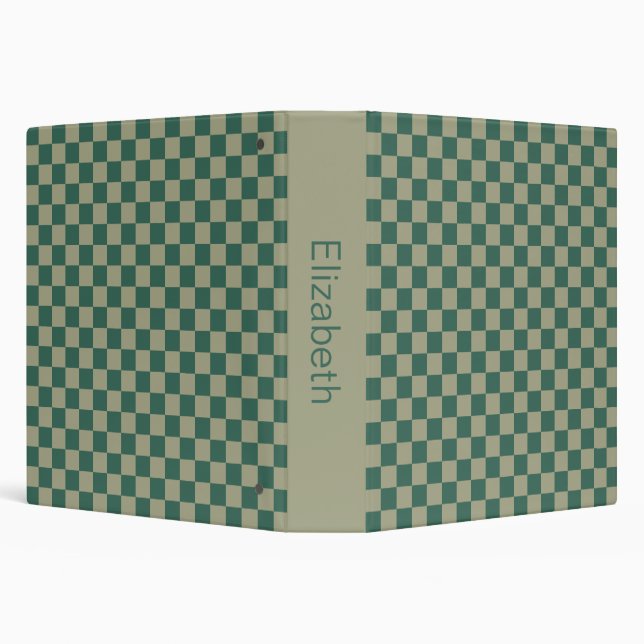 Forest Green and Sage Checkerboard Pattern & Name 3 Ring Binder (Background)