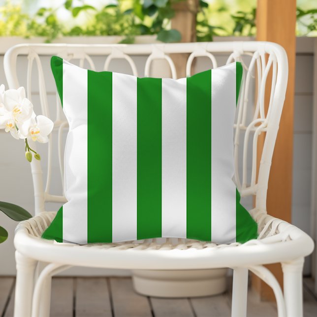 Forest Green and White Awning Stripes Outdoor Pillow (Creator Uploaded)