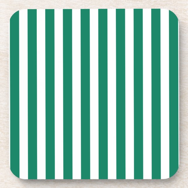 Forest green and white candy stripes beverage coaster (Front)