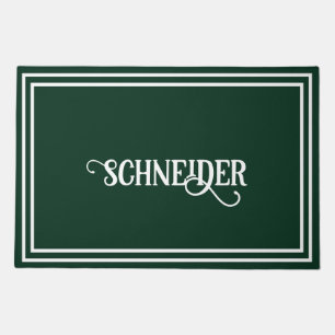Forest Green and White Fancy Text Family Name Doormat