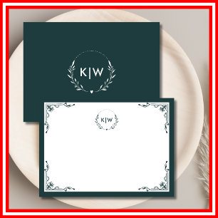 Forest Green and White Modern Initials Monogram Note Card