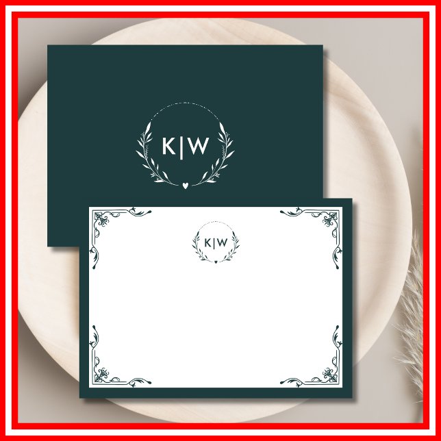 Forest Green and White | Modern Initials Monogram Note Card (Creator Uploaded)