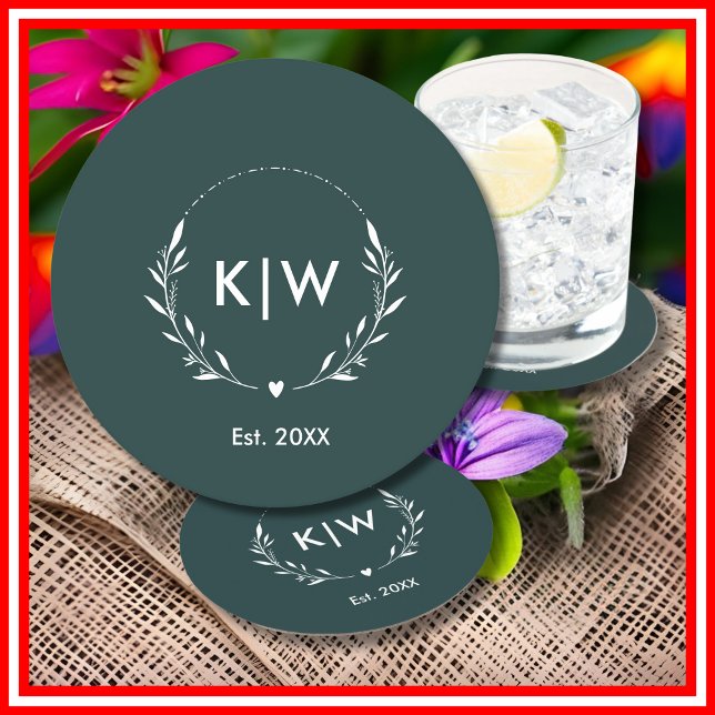 Forest Green and White | Modern Initials Monogram Round Paper Coaster (Creator Uploaded)