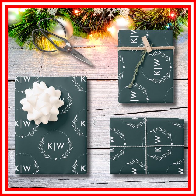 Forest Green and White | Modern Initials Monogram  Wrapping Paper Sheets (Creator Uploaded)