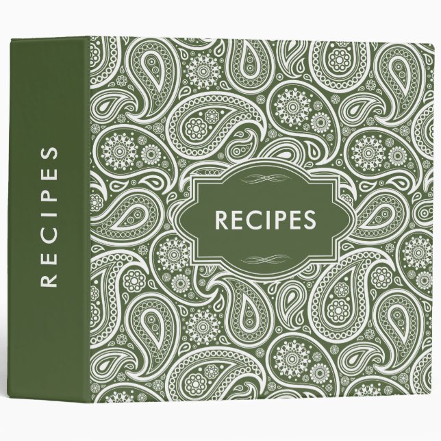 Forest Green And White Paisley Pattern 3 Ring Binder (Front/Spine)