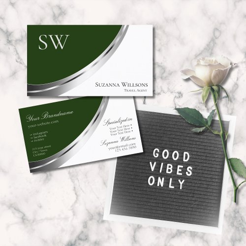 Forest Green and White Silver Decor with Monogram Business Card