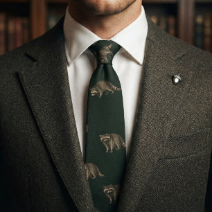 Forest Green Antique Gold Raccoon Heritage Neck Tie