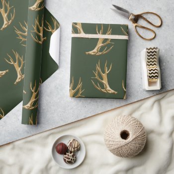 Forest Green Antlers Pattern Masculine Gift Wrapping Paper by DustyFarmPaper at Zazzle