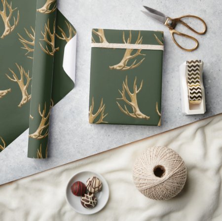 Forest Green Antlers Pattern Masculine Gift Wrapping Paper
