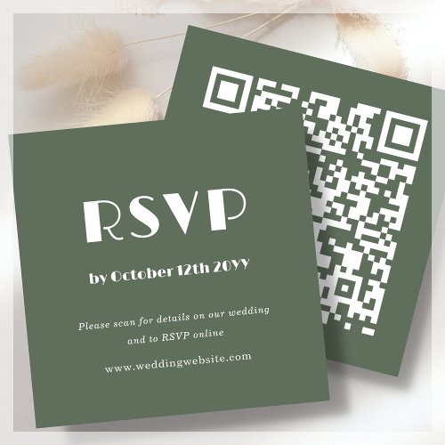 Forest Green Art Deco  QR Code  Wedding RSVP Enclosure Card