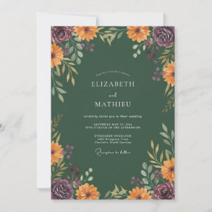 Forest Green Autumnal Floral Wedding Invitation