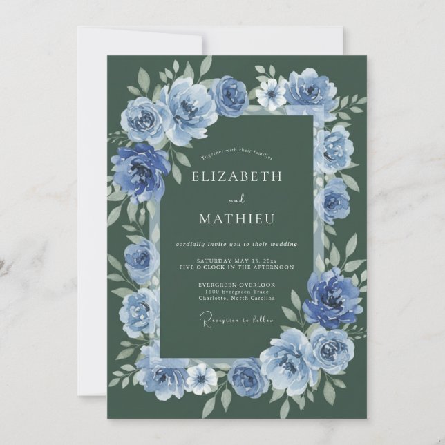 Forest Green Azure Floral Winter Wedding Invitation (Front)