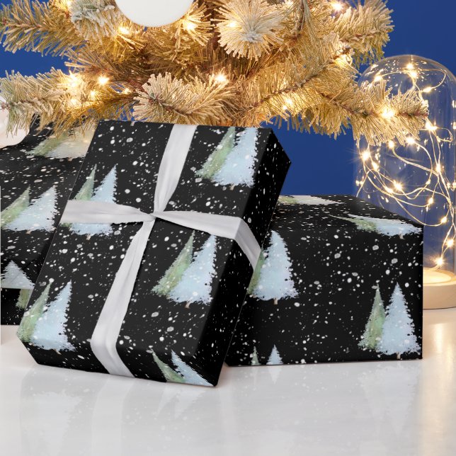 Forest Green Black Christmas Tree And Snowflake Wrapping Paper (Holidays)