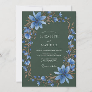 Forest Green Blue Watercolor Floral Wedding Invitation