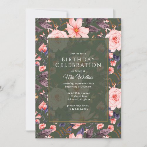 Forest Green  Blush Pink Floral  Garden Birthday Invitation