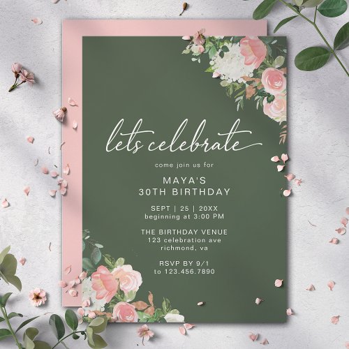 Forest Green Blush Pink  Floral Garden Birthday Invitation