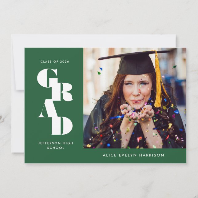 Forest Green Bold Serif Single Photo Graduation Announcement (Front)
